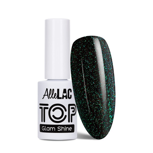 AlleLac Top Glam Shine No Wipe Chrisolite Nr. 4 – blizgus viršutinis sluoksnis geliniam lakavimui, 5 g