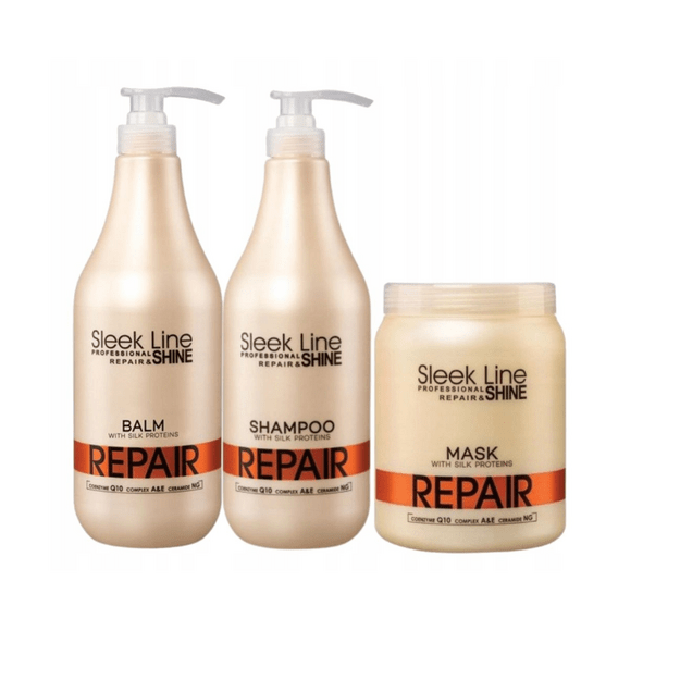 Stapiz Sleek Line Repair rinkinys su šilku – šampūnas 1000 ml + balzamas 1000 ml + kaukė 1000 ml
