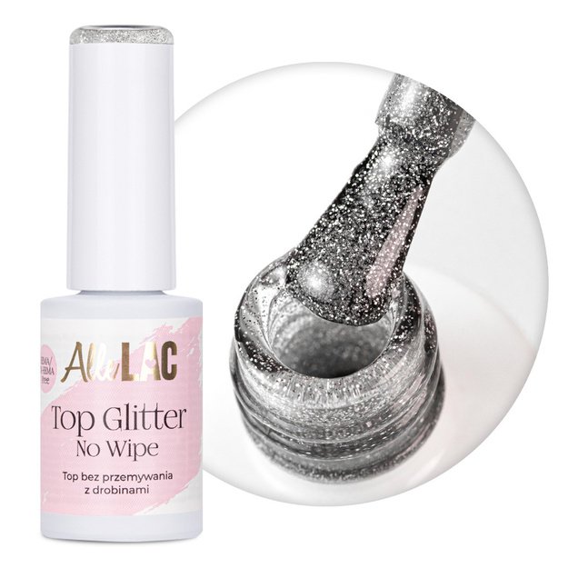 AlleLac Silver Glow Top Glitter no-wipe viršutinis gelinis nagų lako sluoksnis HEMA/Di-HEMA Free, 7 g